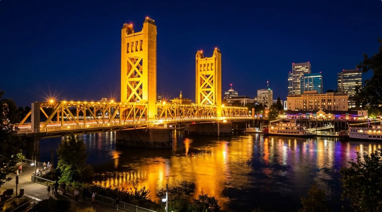 Sacramento Tower Bridge lit at night