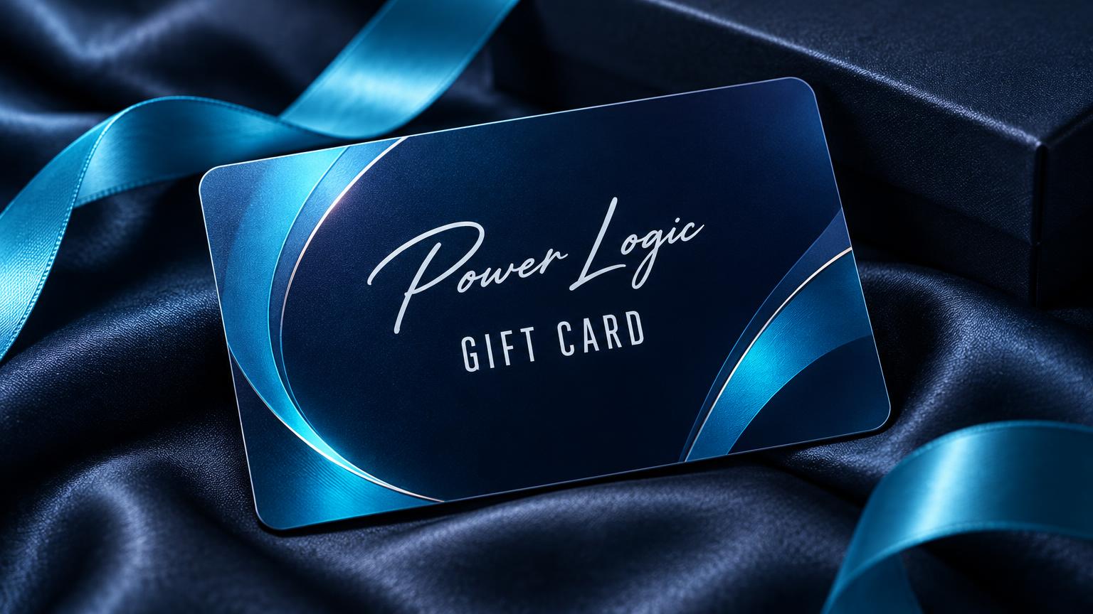 Power Logic gift card wrapped with a blue ribbon